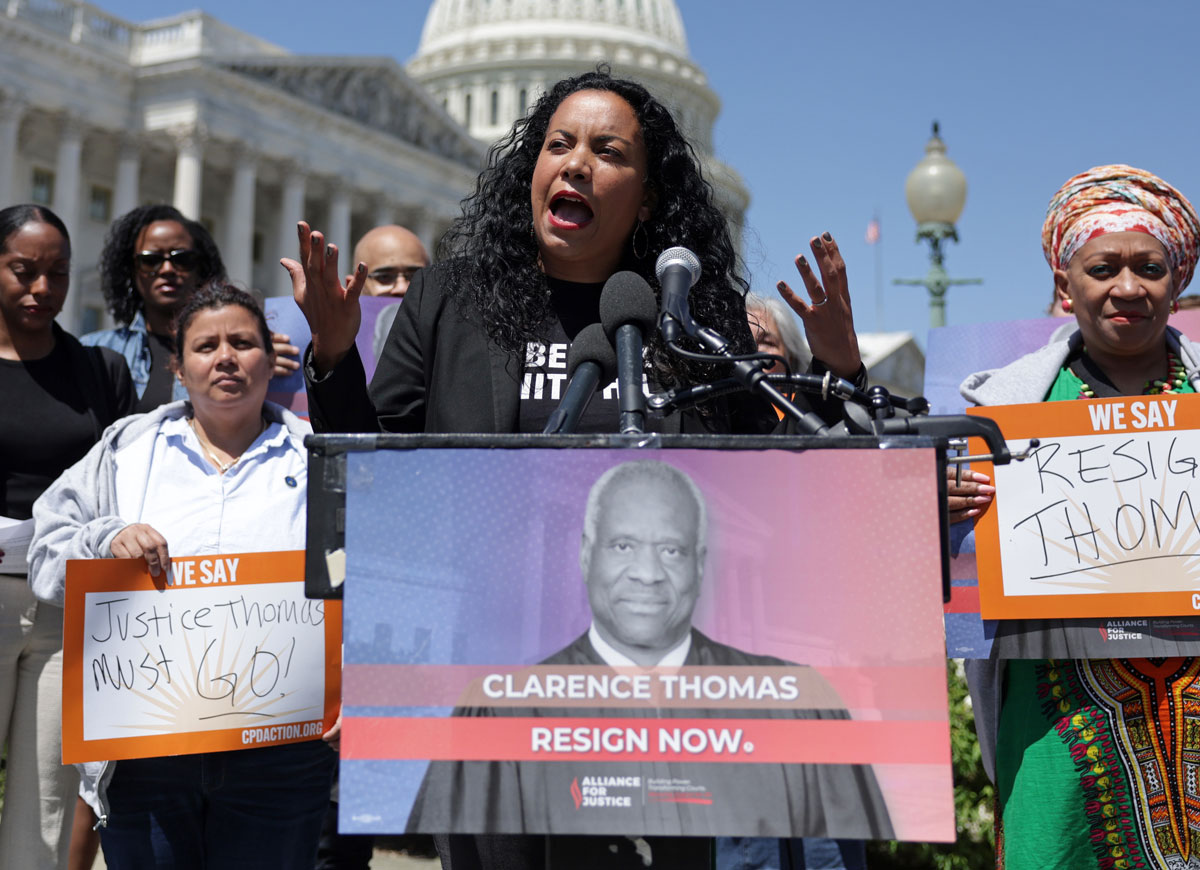WASHINGTON, DC - APRIL 19: Analilia Mejia, Co-Executive Director of Center for Popular Democracy, speaks during a news conference outside the U.S. Capitol calling for immediate resignation of U.S. Supreme Court Associate Justice Clarence Thomas on April 19, 2023 in Washington, DC. Center for Popular Democracy Action (CPD) held a news conference to call on the resignation after ProPublica reported that Justice Thomas had been taking expensive vacations financed by billionaire Harlan Crow, who had also bought an undisclosed property from Thomas. (Photo by Alex Wong/Getty Images)