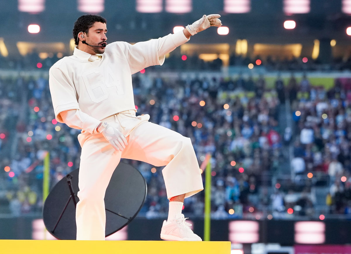 SANTA CLARA, CALIFORNIA - FEBRUARY 08: Musician Bad Bunny performs during the Apple Music halftime show at the NFL Super Bowl LX football game between the Seattle Seahawks and New England Patriots at Levi Stadium on February 8, 2026 in Santa Clara, California. (Photo by Todd Rosenberg/Getty Images)
