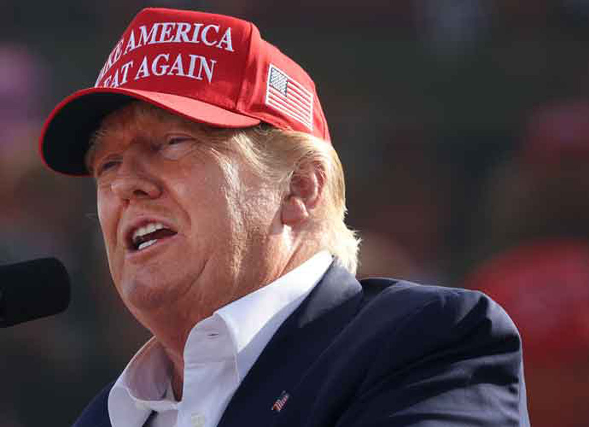 GREENWOOD, NEBRASKA - MAY 01: Former President Donald Trump speaks to supporters during a rally at the I-80 Speedway on May 01, 2022 in Greenwood, Nebraska. Trump is supporting Charles Herbster in the Nebraska gubernatorial race. (Photo by Scott Olson/Getty Images)