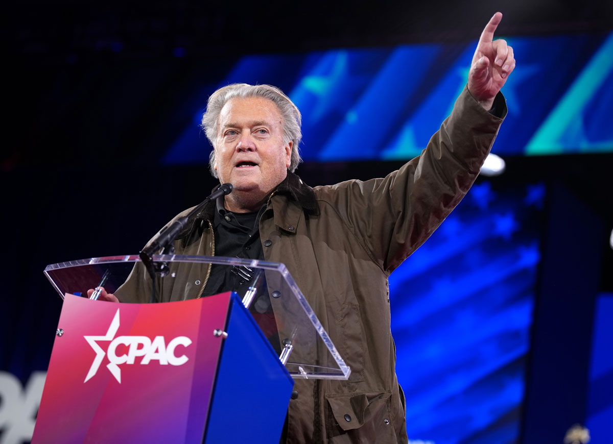 OXON HILL, MARYLAND - FEBRUARY 20: Steve Bannon, media personality and political strategist, speaks during the Conservative Political Action Conference (CPAC) at the Gaylord National Resort Hotel And Convention Center on February 20, 2025 in Oxon Hill, Maryland. The annual four-day gathering brings together conservative U.S. lawmakers, international leaders, media personalities and businessmen to discuss and champion conservative ideas. (Photo by Andrew Harnik/Getty Images)