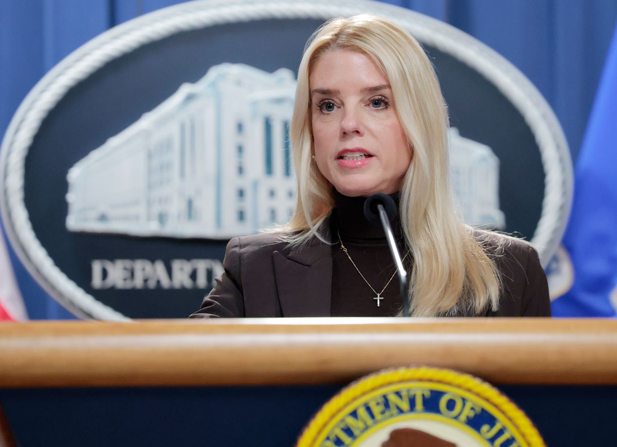 WASHINGTON, DC - FEBRUARY 12: U.S. Attorney General Pam Bondi speaks during a news conference at the Department of Justice Building on February 12, 2025 in Washington, DC. Bondi held the news conference to announce charges against the state of New York for failure to enforce federal immigration laws. (Photo by Anna Moneymaker/Getty Images)