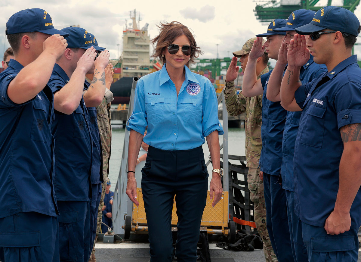 PANAMA CITY, PANAMA - JUNE 24: U.S. Homeland Security Secretary Kristi Noem boards the U.S. Coast Guard Cutter Escanaba for a meeting on drug interdiction on June 24, 2025 in Panama City, Panama. Noem is traveling to several Central American countries where she will meet with political leaders and to learn about immigration programs and facilities backed by the U.S. Department of Homeland Security in the region. (Photo by Anna Moneymaker/Getty Images)