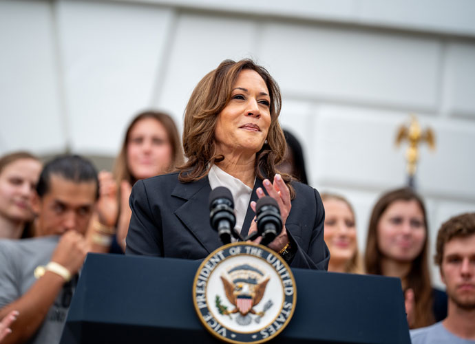 WASHINGTON, DC - JULY 21: U.S. Vice President Kamala Harris speaks during an NCAA championship teams celebration on the South Lawn of the White House on July 22, 2024 in Washington, DC. U.S. President Joe Biden abandoned his campaign for a second term after weeks of pressure from fellow Democrats to withdraw and just months ahead of the November election, throwing his support behind Harris. (Photo by Andrew Harnik/Getty Images)