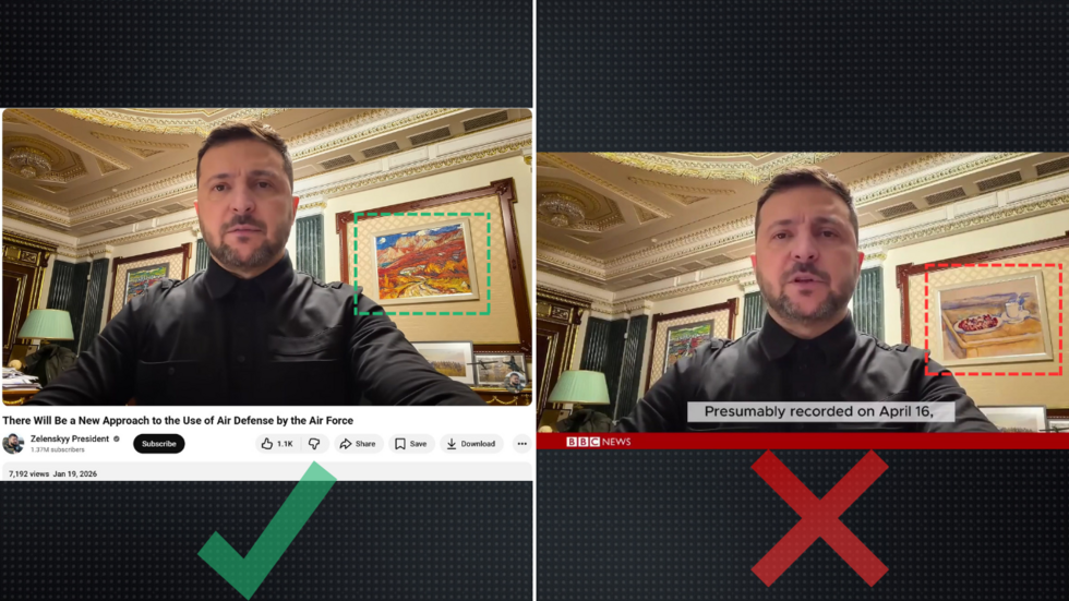 At left is the original video that Volodymyr Zelensky posted on his YouTube account on January 19. At right is the doctored video where the original painting was replaced by Paul Cézanne’s "Nature morte aux cerises", which was stolen in March 2026 (outlined in red). It’s clear that the doctored video was made from the original January 2026 video because the words that Zelensky says are identical.