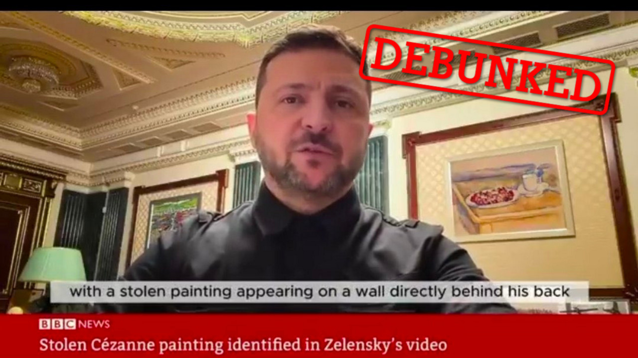 This post falsely claims that Volodymyr Zelensky, "leader of the Jewish mafia”, obtained a stolen painting by Paul Cézanne. It features a screengrab purported to show the stolen painting in Zelensky’s office.
