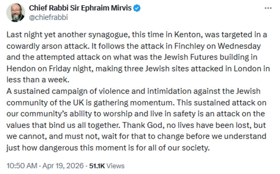 UK chief rabbi Ephraim Mirvis denounced a "sustained attack" on the Jewish community in a post on X Sunday
