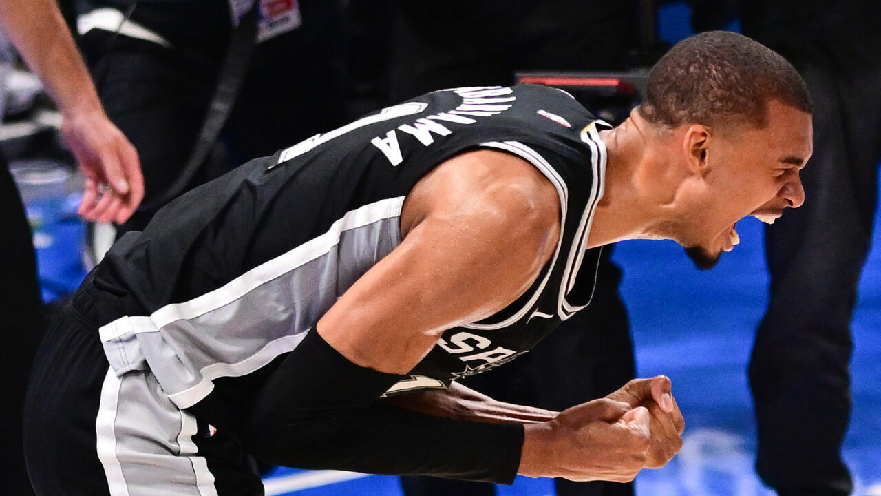 San Antonio Spurs center Victor Wembanyama (1) in overtime of an NBA basketball game Saturday, April 4, 2026, in Denver.