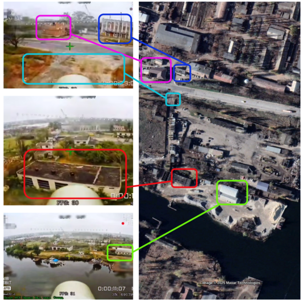 The drone footage has been geolocated by volunteer teams with the Geoconfirmed organisation. Location: 46.623280, 32.5950