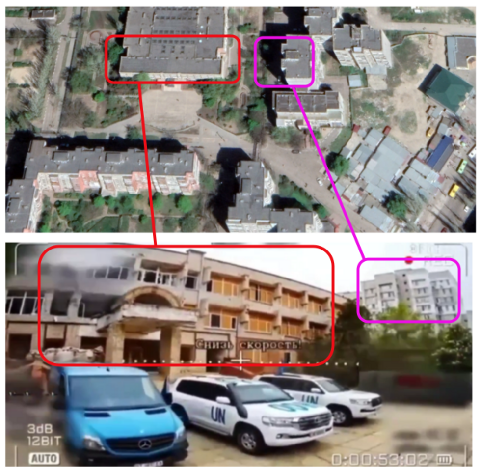 A Google Earth image (above) and a screenshot from the Russian drone footage (below) show the same two buildings located in Ostriv.