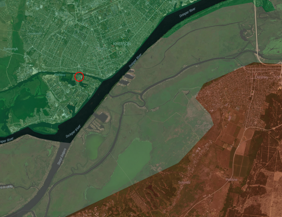 This image shows the areas under Russian control (in red) and those under Ukrainian control (in green). The red circle indicates the location of the UN convoy at the time of the attack.
