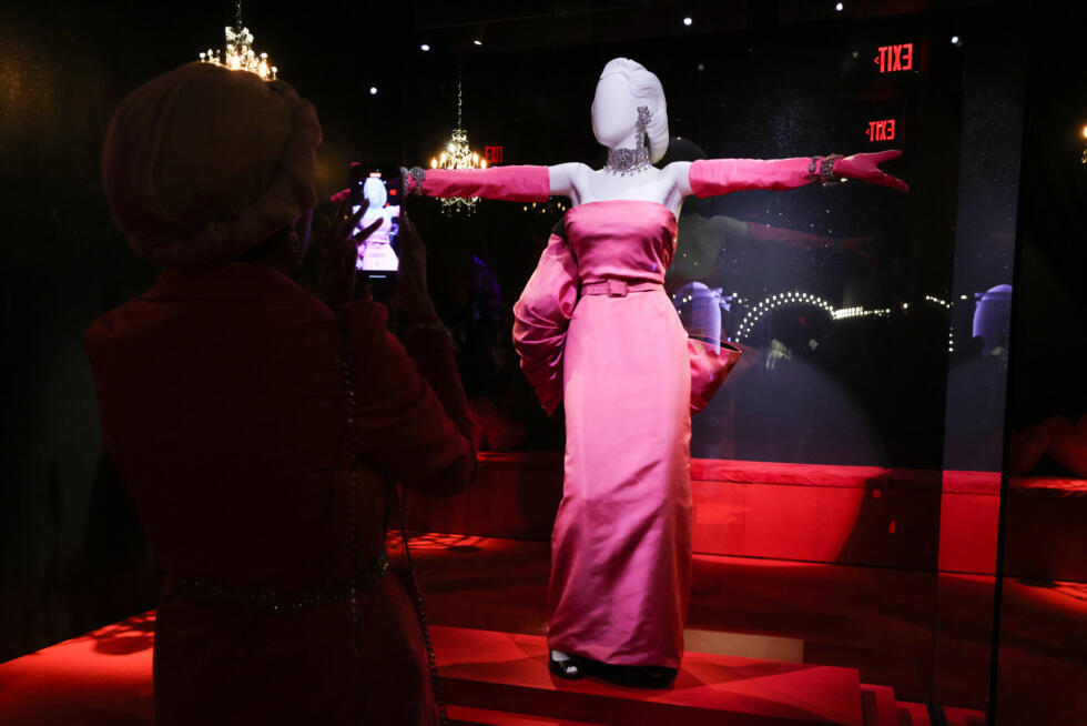 The iconic pink dress worn by Monroe during her performance of 'Diamonds Are a Girl's Best Friend', on display at the Academy Museum