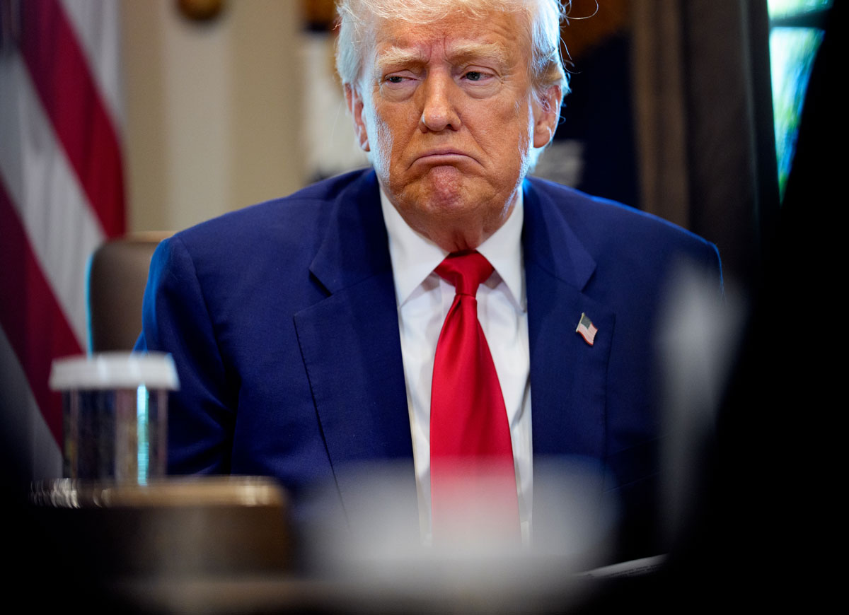 WASHINGTON, DC - APRIL 30: U.S. President Donald Trump reacts to a question during a Cabinet meeting at the White House on April 30, 2025 in Washington, DC. Trump convened the meeting as reports released today say the U.S. economy contracted 0.3% in the first quarter of 2025, the first negative reading in three years, fueled by a massive surge in imports ahead of the administration