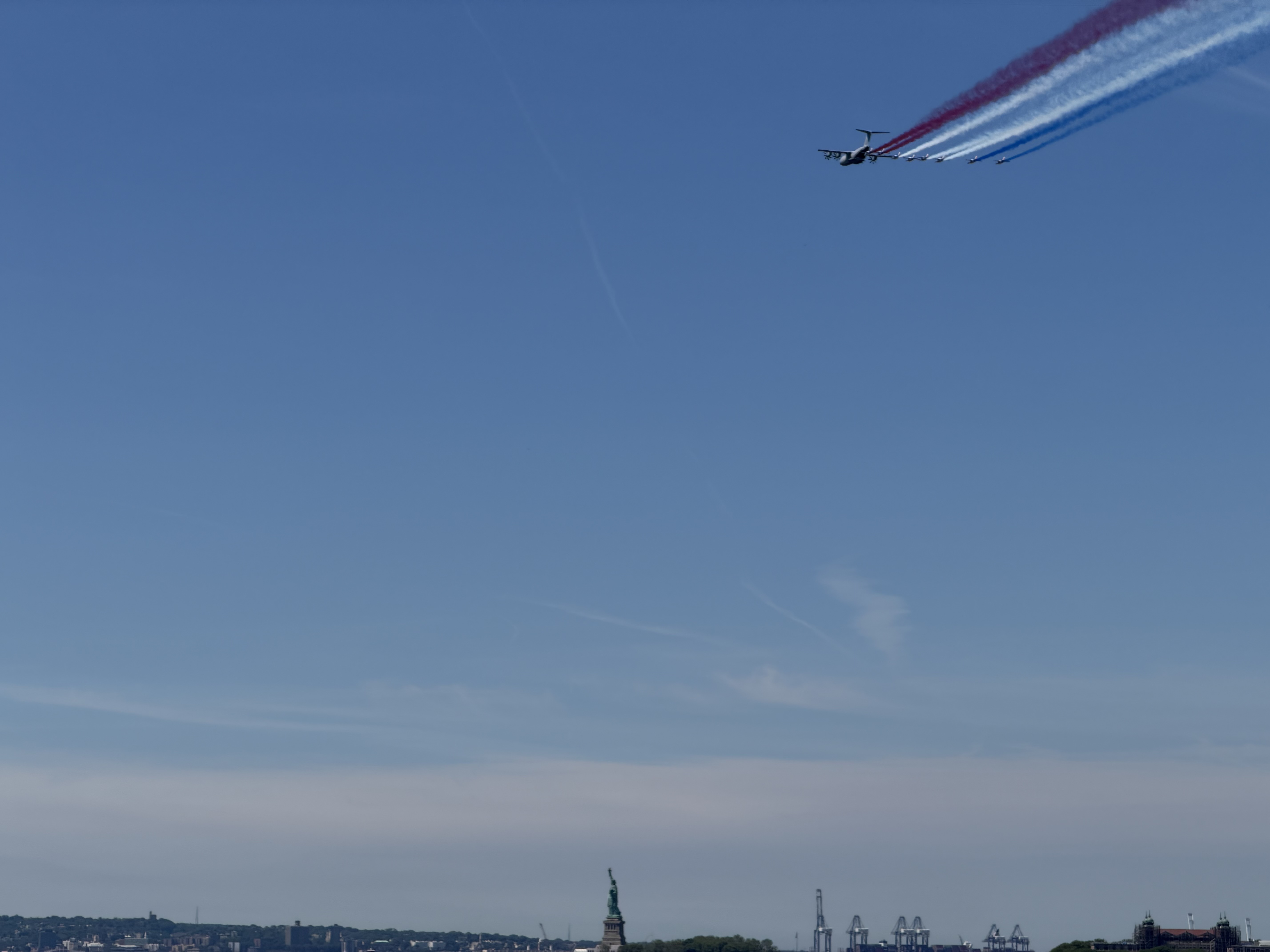 The French Air and Space Force sent planes with red, white and blue exhaust plumes to help celebrate America's 250th birthday, flying over the State of Liberty, another French gift, on Tuesday.