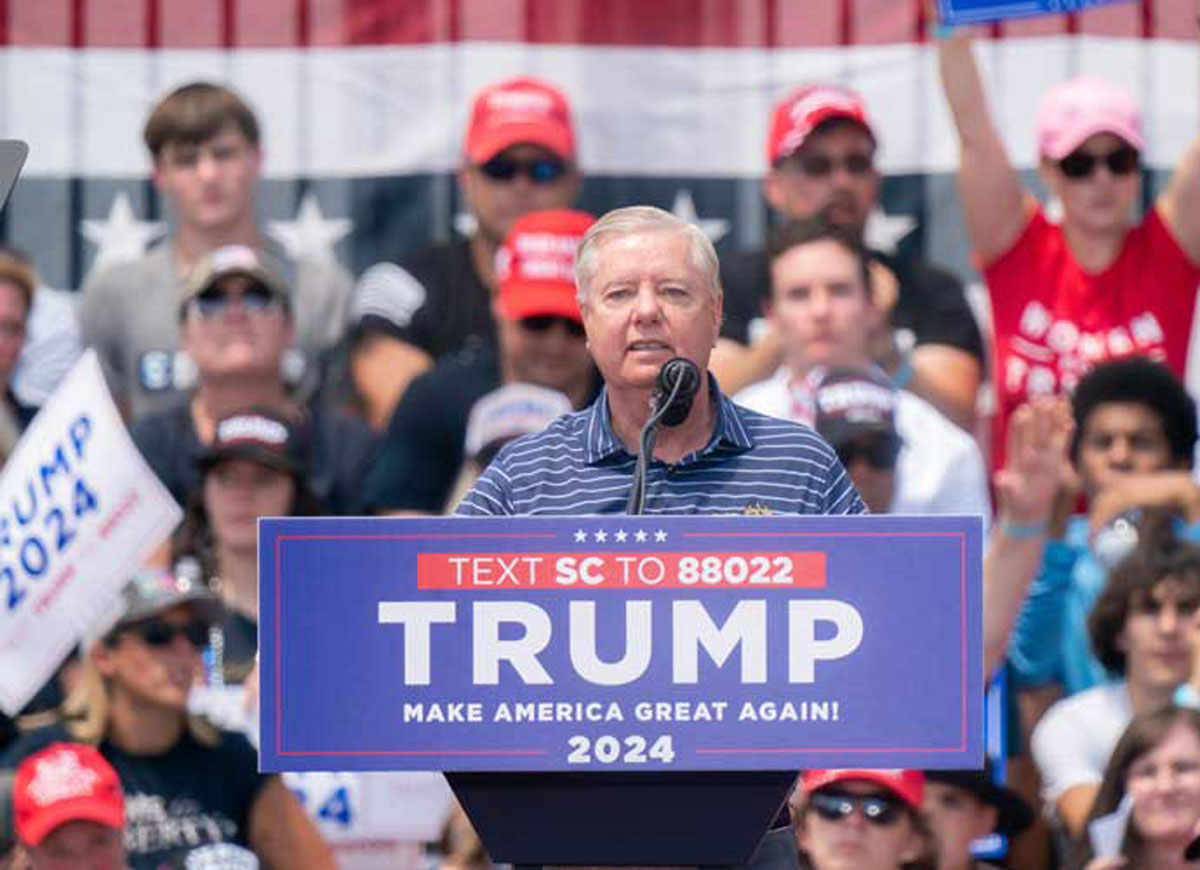 PICKENS, SOUTH CAROLINA - JULY 1: Sen. Lindsey Graham (R-SC) speaks to crowd during a campaign event for former president Donald Trump on July 1, 2023 in Pickens, South Carolina. Graham was repeatedly booed by the crowd of Trump supporters. (Photo by Sean Rayford/Getty Images)