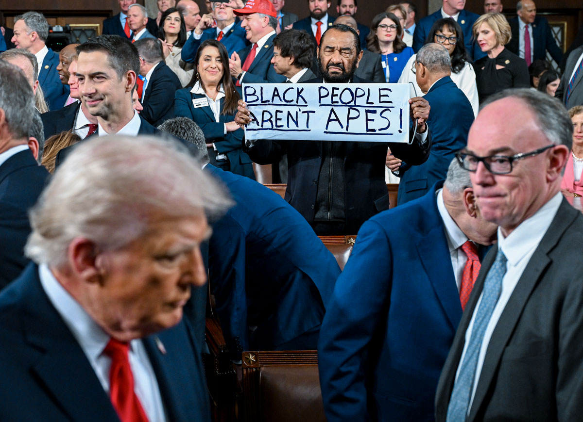 WASHINGTON, DC - FEBRUARY 24: U.S. Rep. Al Green (D-TX) protests as President Donald Trump arrives to deliver the State of the Union address during a joint session of Congress at the Capitol on February 24, 2026 in Washington, DC. Trump delivered his address days after the Supreme Court struck down the administration