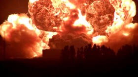 Fire and smoke rise during an explosion of Blue Origin's unmanned New Glenn rocket during a test on a launch pad in Cape Canaveral, Florida on May 28, 2026, in this screenshot taken from a video relea