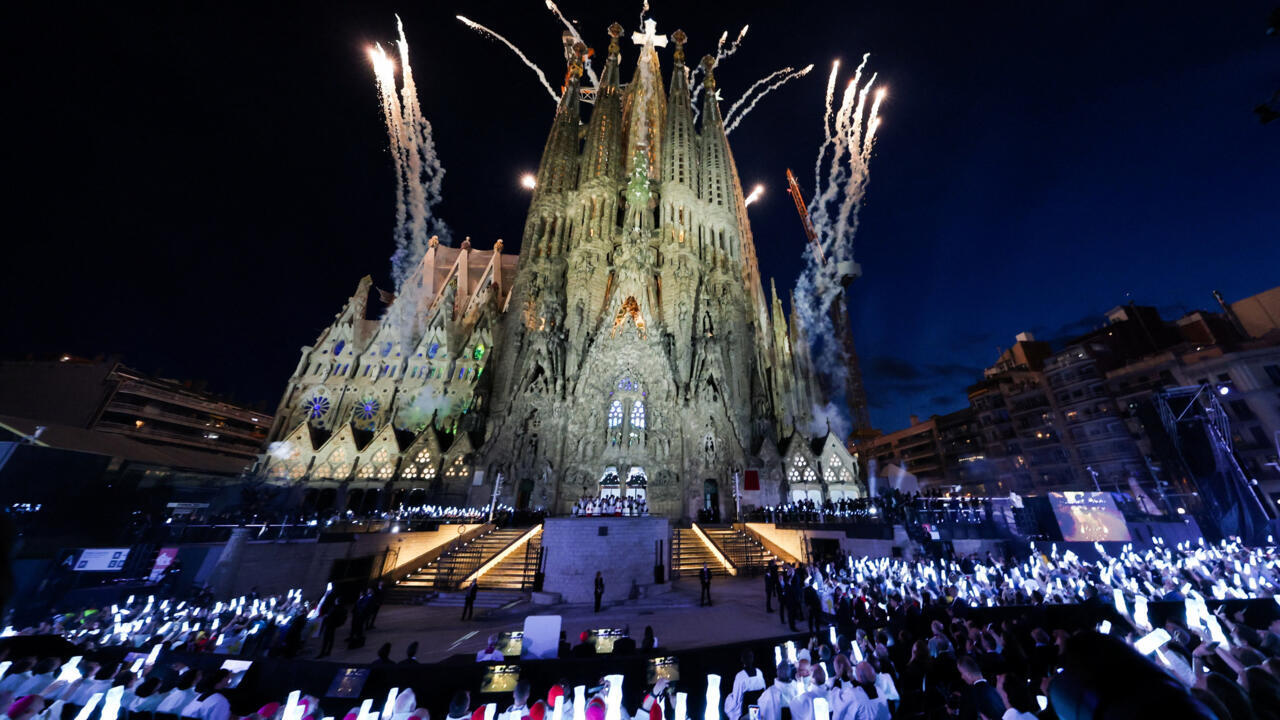 Fireworks explode during the inauguration of the Tower of Jesus Christ at the Basilica of the Sagrada Familia Pope Leo XIV