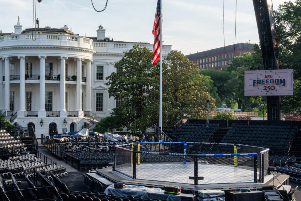 An MMA arena being prepared on the South Lawn of the White House for the 250th anniversary of the United States, on June 11, 2026, in Washington