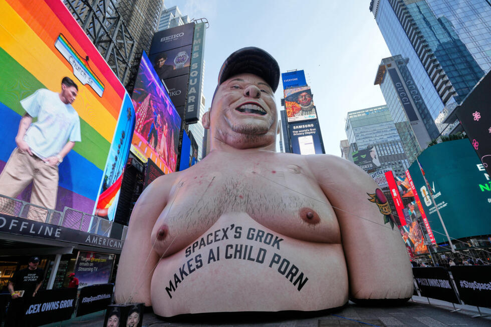 "Grok from SpaceX produces child pornography using AI," reads an inflatable effigy of Elon Musk that appeared in Times Square in New York on June 11