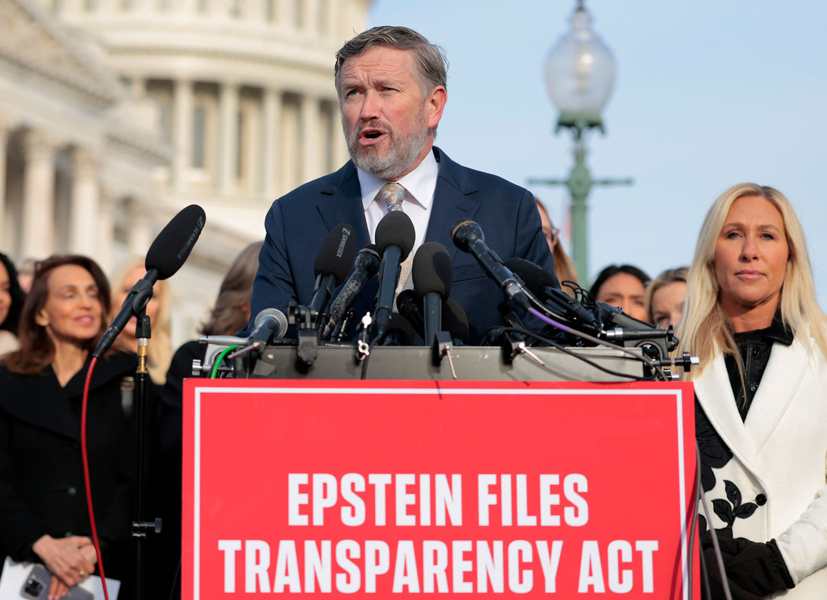 WASHINGTON, DC - NOVEMBER 18: U.S. Rep. Thomas Massie (R-KY) speaks alongside U.S. Rep. Marjorie Taylor Greene (R-GA) (R) during a news conference on the Epstein Files Transparency Act outside the U.S. Capitol on November 18, 2025 in Washington, DC. The House is expected to vote today on the legislation, which instructs the U.S. Department of Justice to release all files related to the late accused sex trafficker Jeffrey Epstein. (Photo by Heather Diehl/Getty Images)