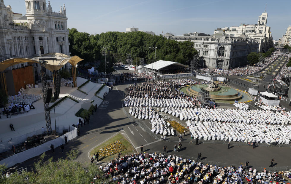 The mass comes on day two of Pope Leo's seven-day visit to Spain