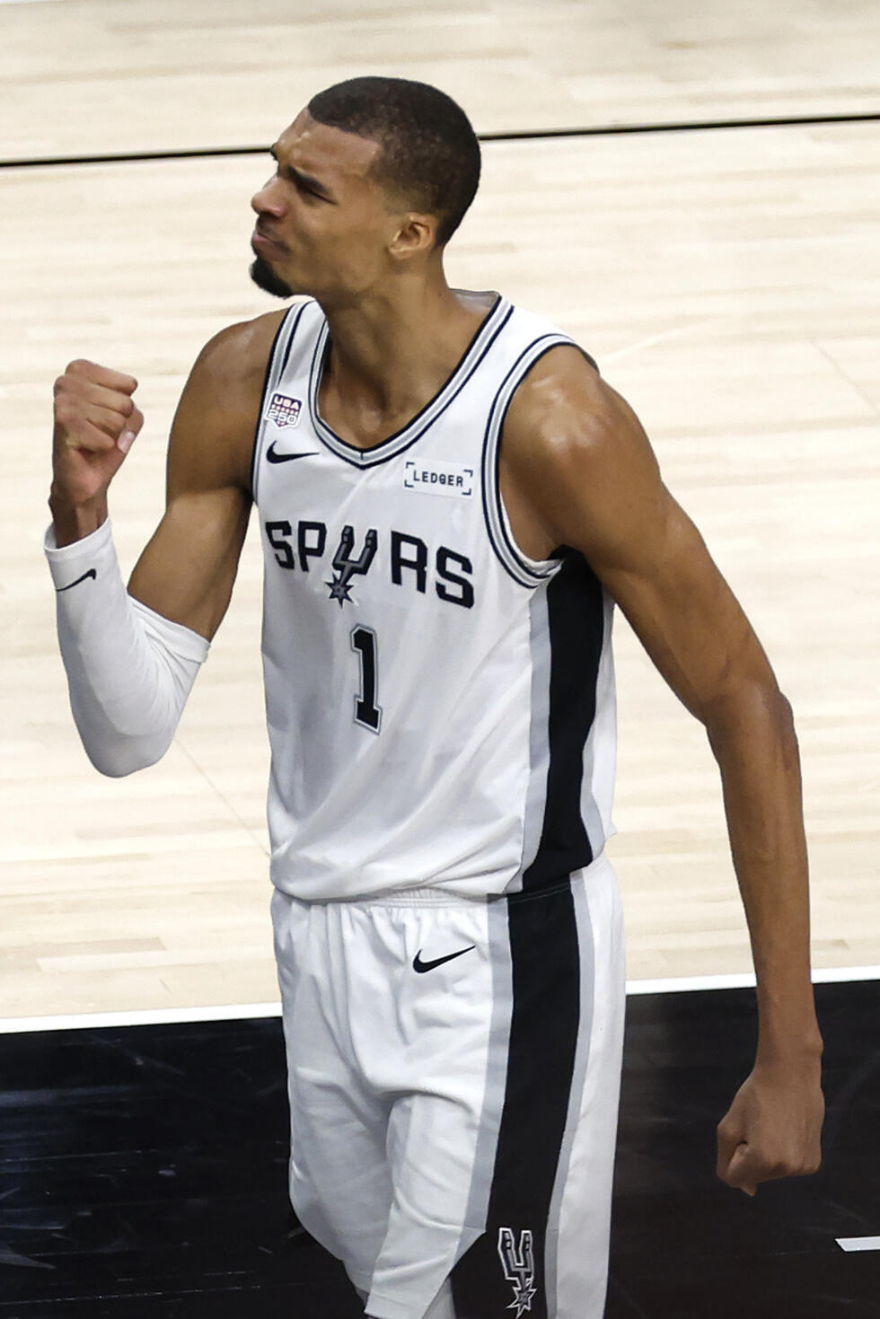 San Antonio star Victor Wembanyama reacts after a basket in the fourth quarter of the Spurs' loss to the New York Knicks in game two of the NBA Finals