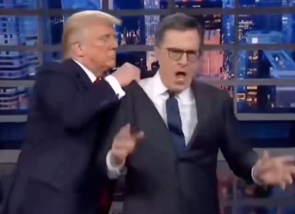 Trump posts AI generated video on himself throwing Colbert into trash (Image: Truth Social)