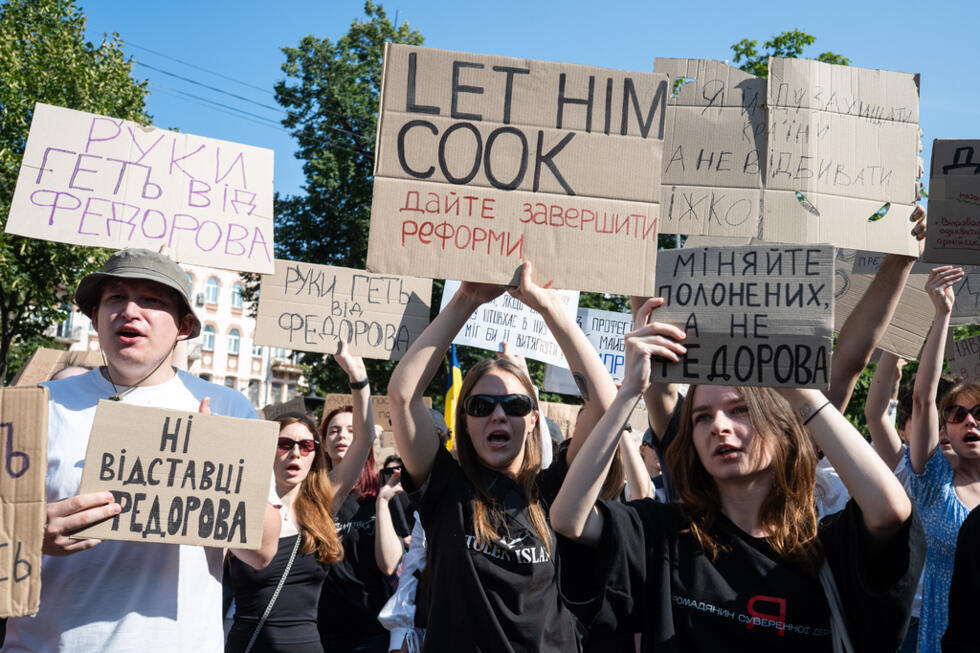 Ukrainians gather to denounce President Volodymyr Zelensky's decision to dismiss Defence Minister Mykhailo Fedorov
