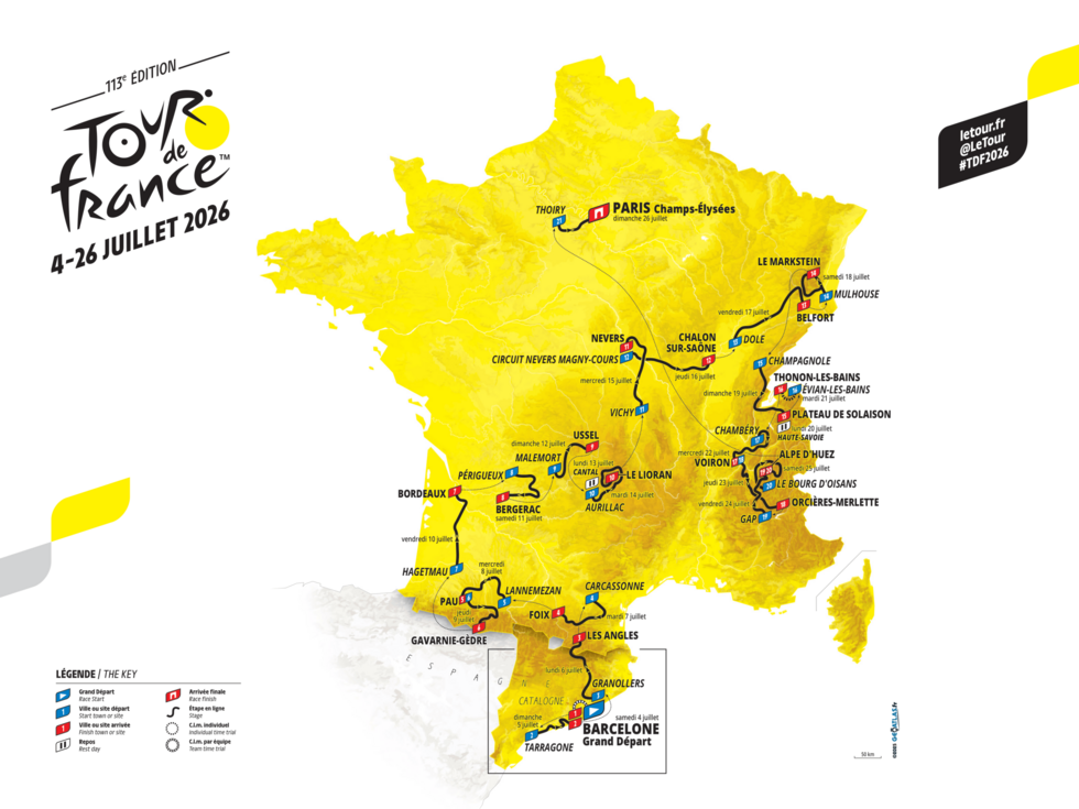 Map of the route for the 2026 Men’s Tour de France, which starts on Saturday 4 July in Barcelona.
