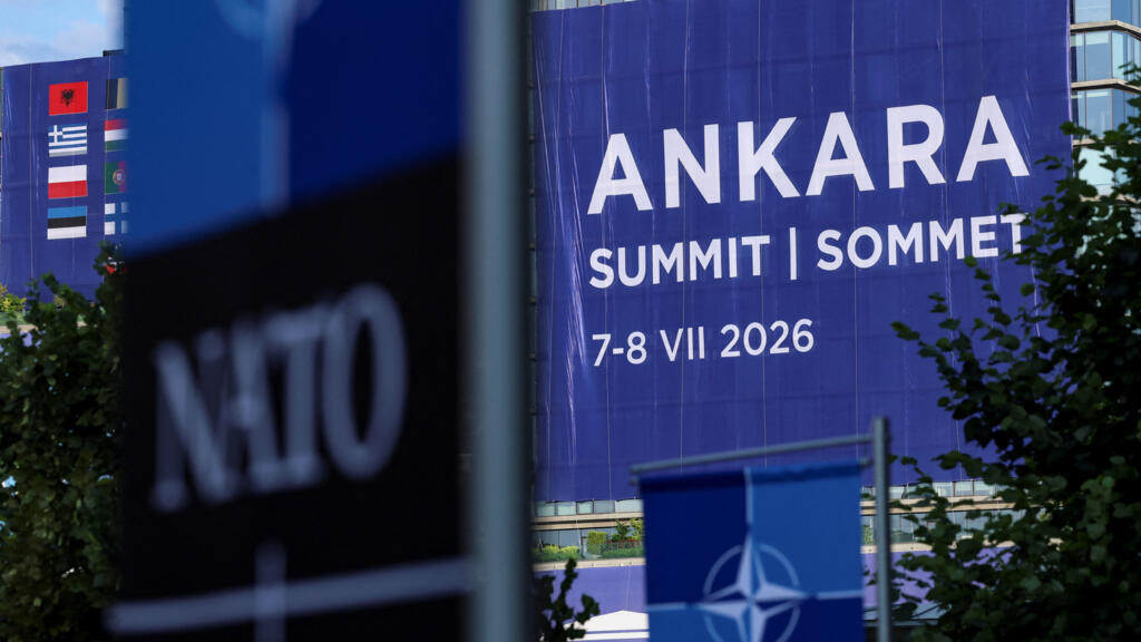 A banner hangs at the venue where the NATO leaders' summit is due to take place in Ankara, Turkey.