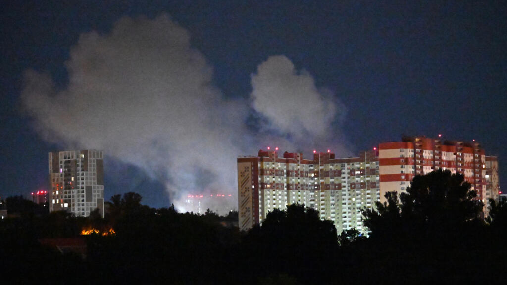 Smoke from an explosion rises during a Russian missile strike on the Ukrainian capital of Kyiv on July 6, 2026, amid the Russian invasion in Ukraine