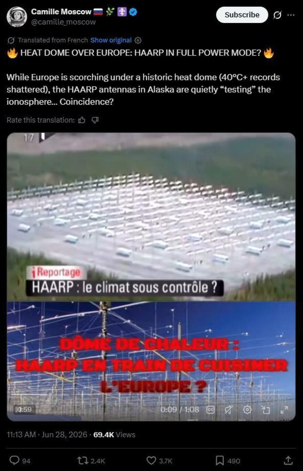 This tweet insinuates that the US program to study the ionosphere, HAARP, might be causing heatwaves in Europe.