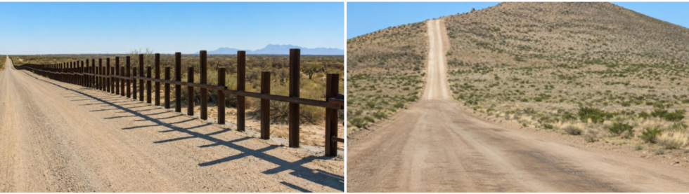 These images have been published by CBP. They show examples of a vehicle barrier in Arizona (left) and a patrol and maintenance road in New Mexico (right).