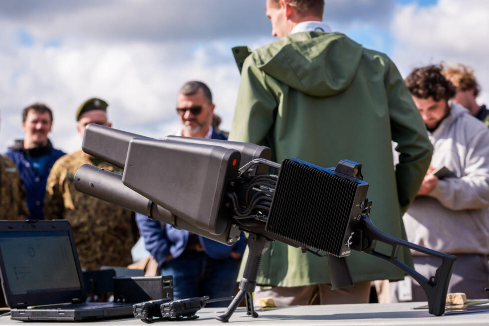 A Lithuanian SkyWiper anti drone weapon is seen during the International military anti drone exercise Baltic Trust 25 (BATT25) at the Selonia (Selija) military training ground near Viesite on August 2