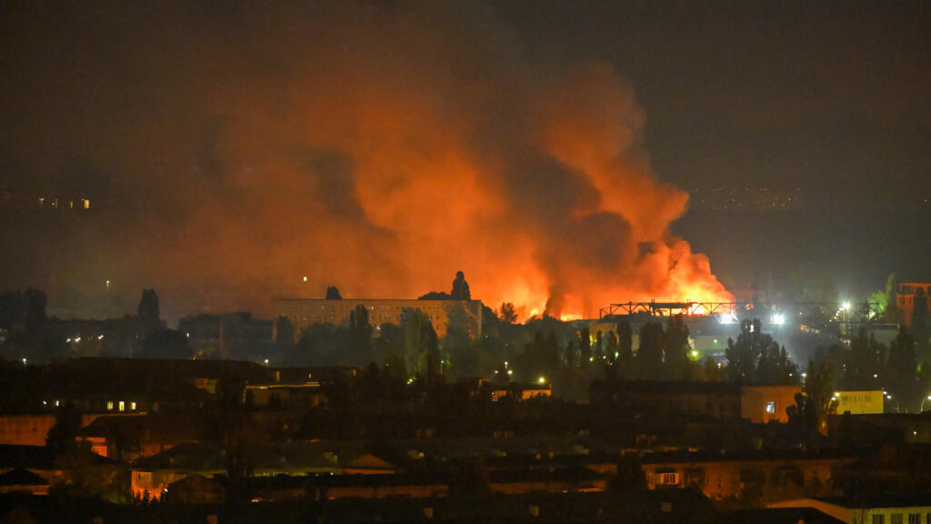A fire breaks out following massive Russian ballistic missile strikes in the Ukrainian capital of Kyiv on August 5, 2026
