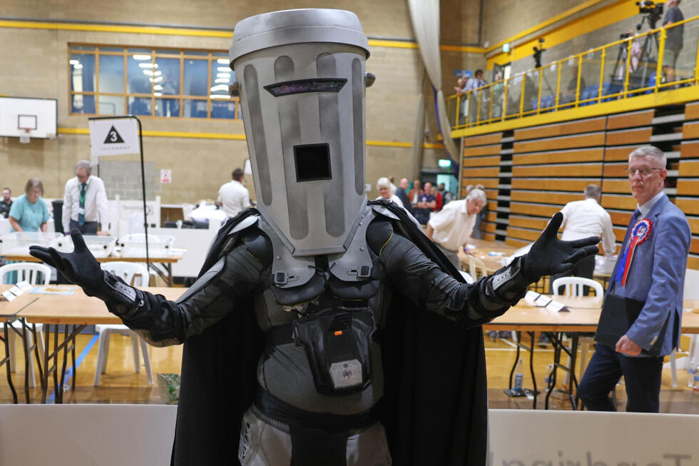 Candidate Count Binface poses for the media during the Clacton by-election count at the Leisure Centre in Clacton on Sea, England.