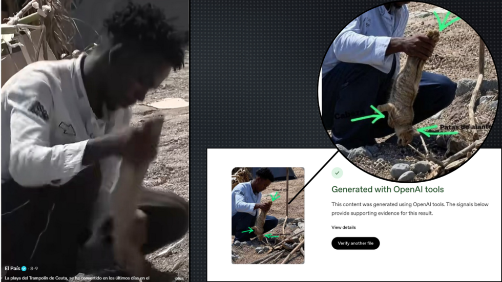 At left is a screengrab from a video posted by Spanish media outlet El Pais, which shows a migrant in Ceuta with a stick in his hand. At right is the AI-generated image, which has swapped out the stic