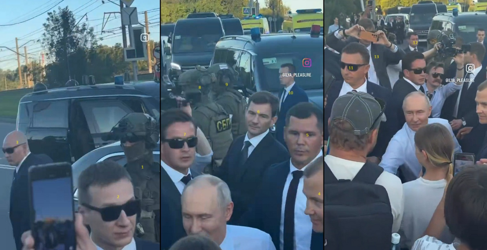 We counted at least 13 members of the security services in the immediate proximity of the Russian president when he interacted with members of the public on August 11, 2026, in the Siberian town of Novosibirsk in Russia.