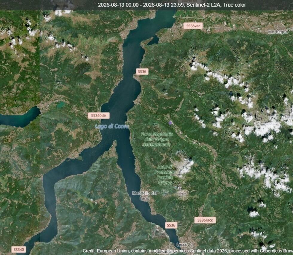 This image of Lake Como was recorded by the European satellite Sentinel 2 on August 13, 2026