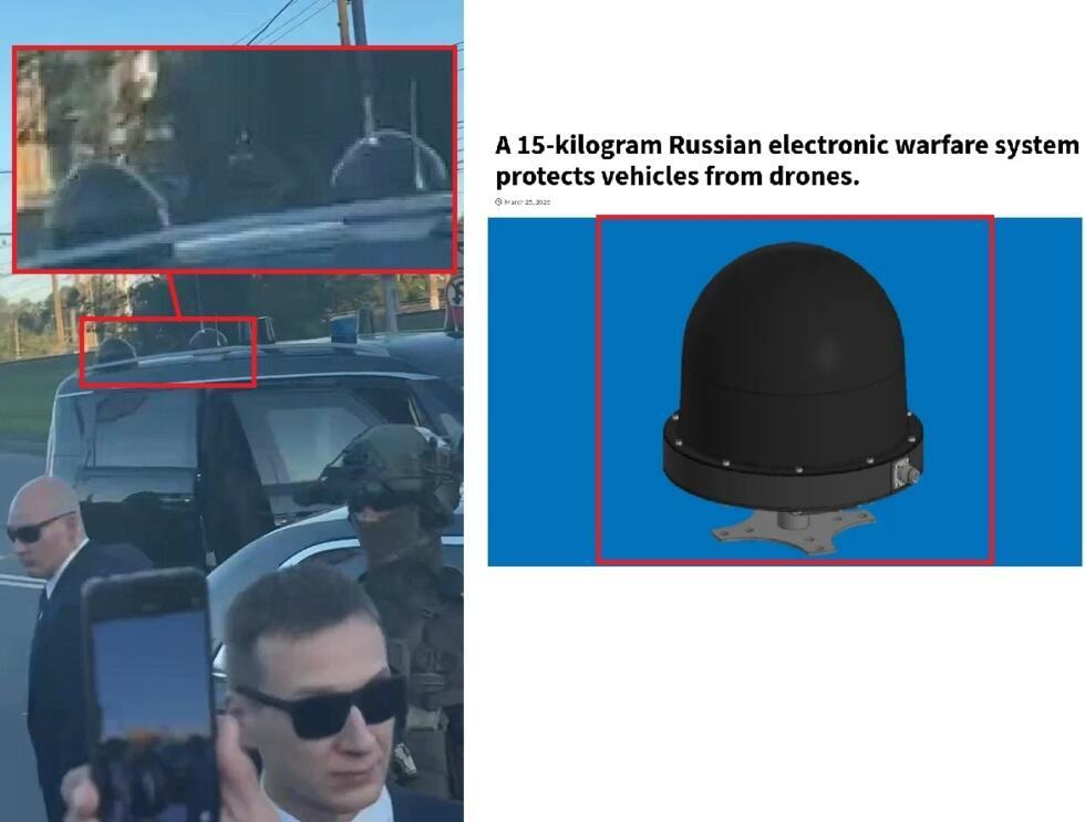The image at left shows the small domes visible on the van that was part of Putin’s security convoy on August 11, 2026, during his visit to the Siberian town of Novosibirsk. It could be a drone interference system (shown at right) or a transmitter.
