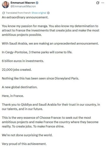 Saudi Arabia to invest €6 billion in theme parks near Paris, Macron says