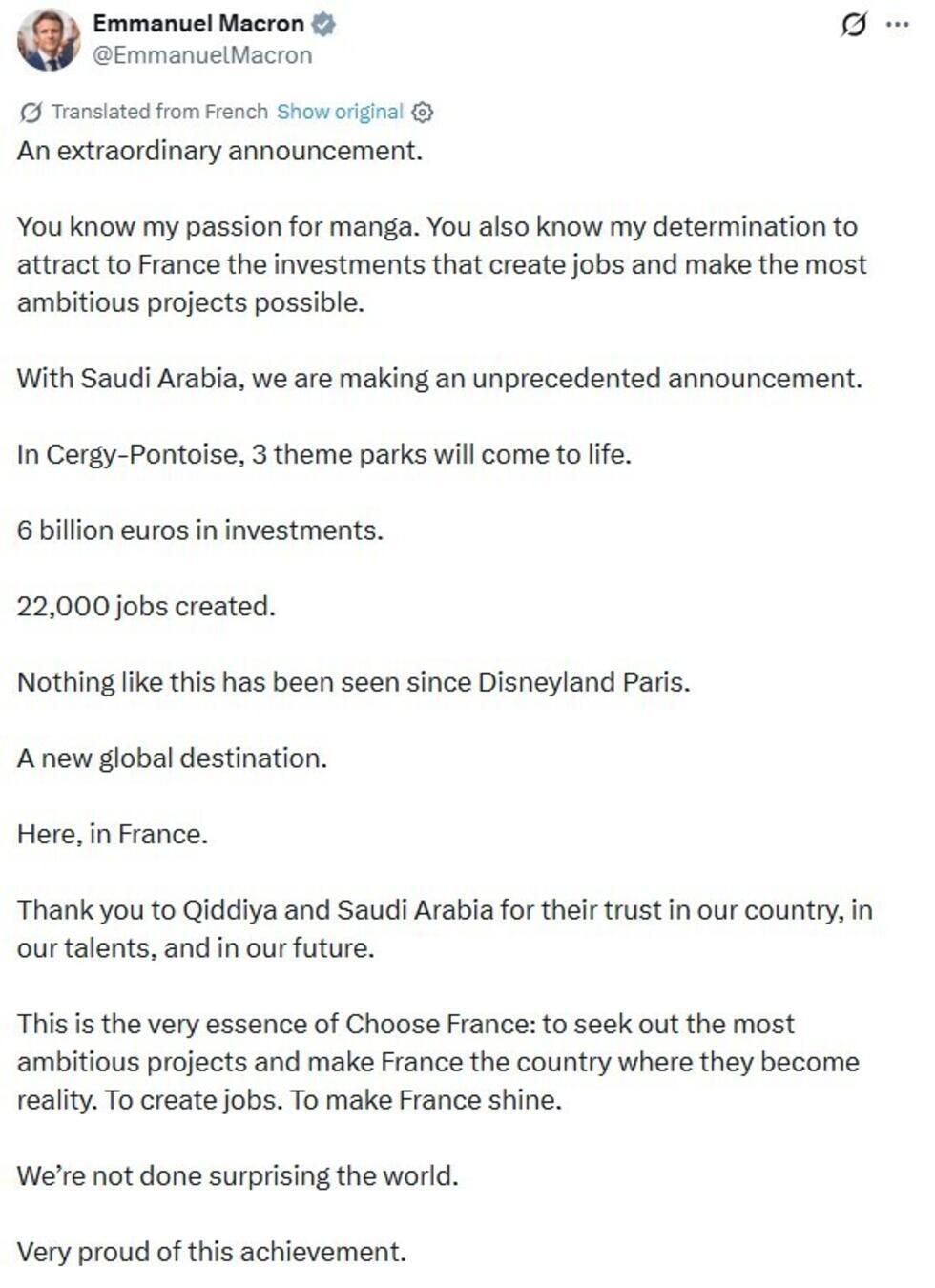 French President Emmanuel Macron on August 24, 2026 welcomed an agreement for a Saudi investment in theme parks near Paris.